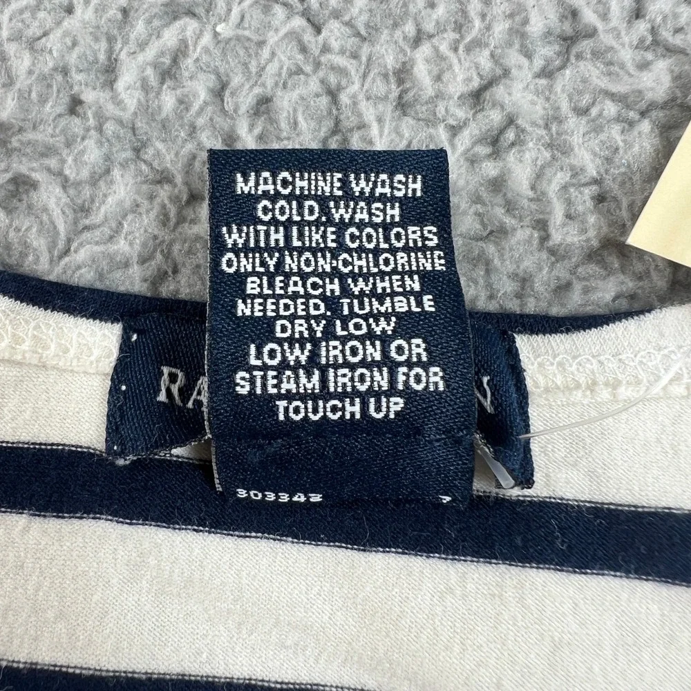 Ralph Lauren T-Shirt Girls 4 White Navy Striped Short Sleeve Lettuce Trim Pony